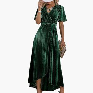 Green Velvet Wrap Midi Dress